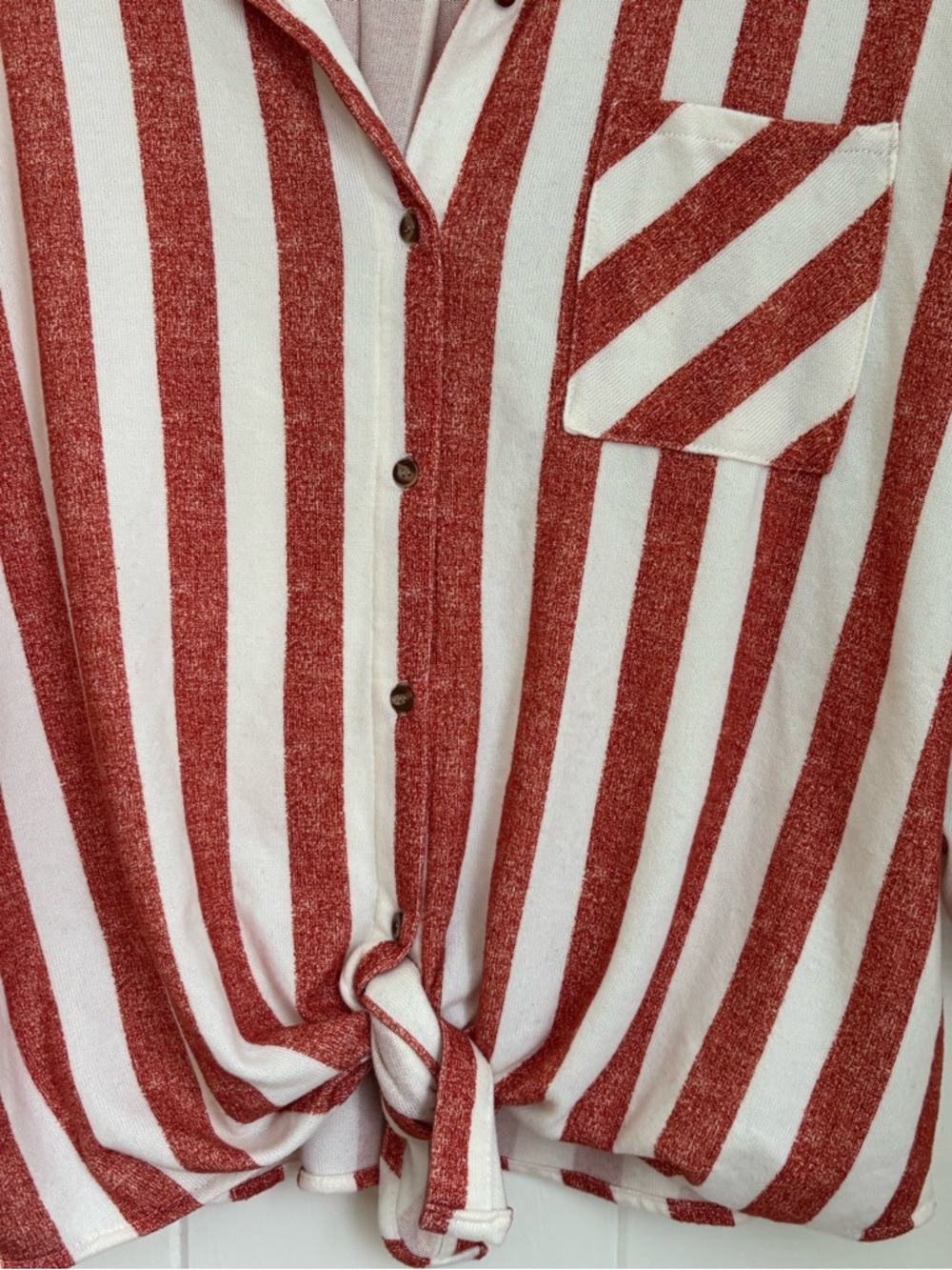 Eden & Olivia Red and White Striped Tie-Front Button-Down Shirt - Picture 6 of 7